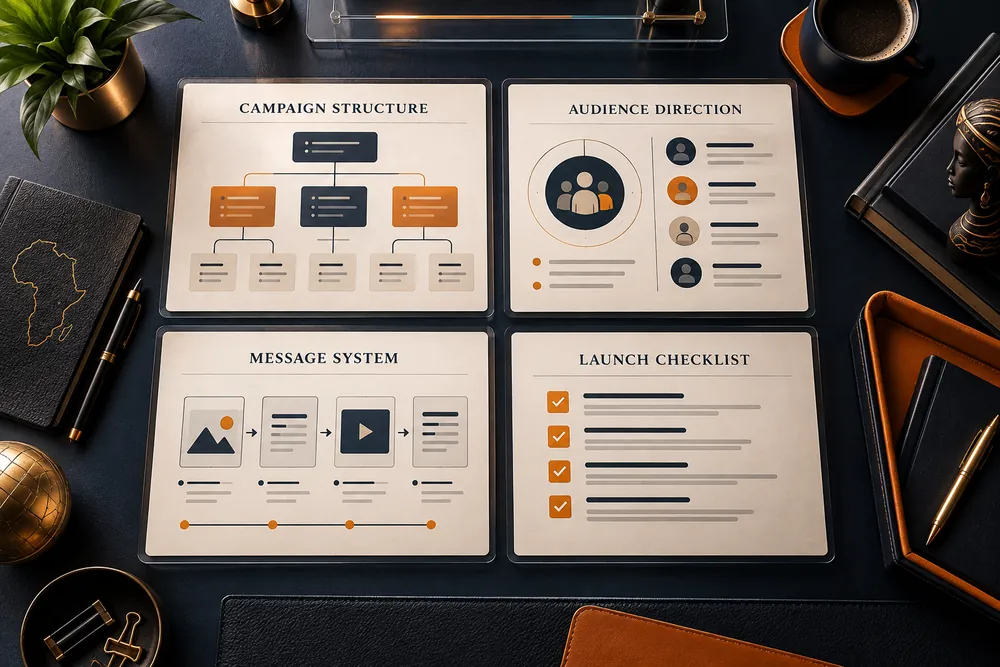 Four finished documents laid on a desk, titled Campaign Structure, Audience Direction, Message System and Launch Checklist.