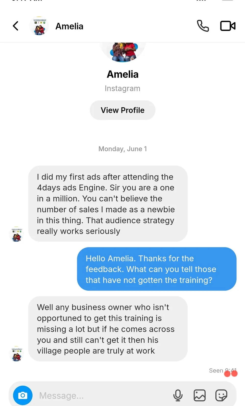 Full Instagram conversation in which a student describes running their first ads after attending 4 Days Ads Engine and recommends it to other business owners.