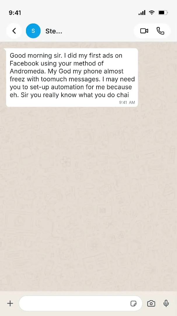 Full WhatsApp message from a student who ran their first Facebook ads using the method taught, received far more messages than expected, and asks about setting up automation.