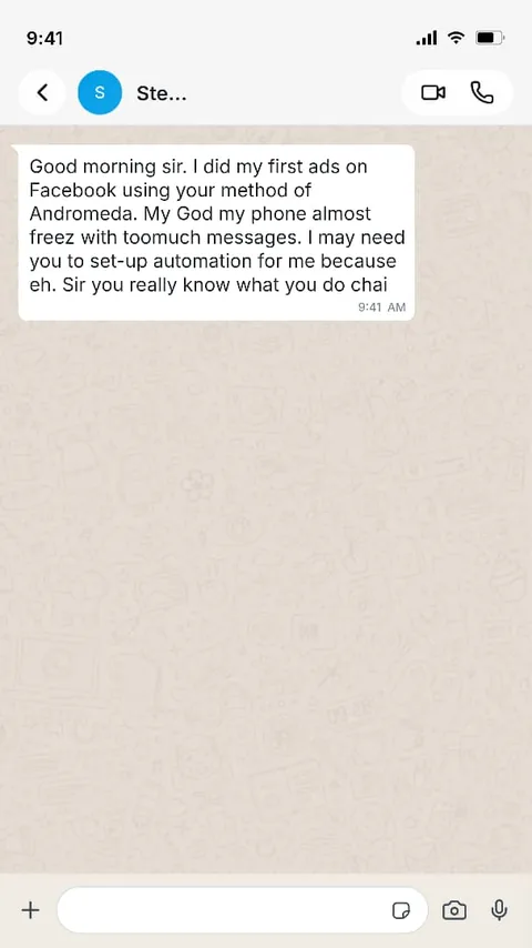 WhatsApp message from a student who ran their first Facebook ads using the method taught and received far more messages than expected.