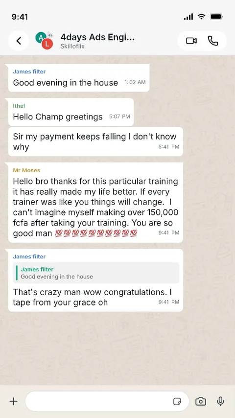 Message in the 4 Days Ads Engine training group from a participant who thanks the trainer, says the training made his life better, and mentions making over 150,000 FCFA after taking it.