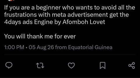 Public social media post recommending 4 Days Ads Engine to beginners who want to avoid frustration with Meta advertising.