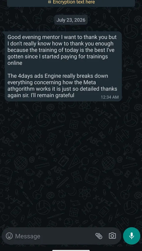 WhatsApp message from a student thanking the host and describing how the training explained the Meta algorithm in detail.