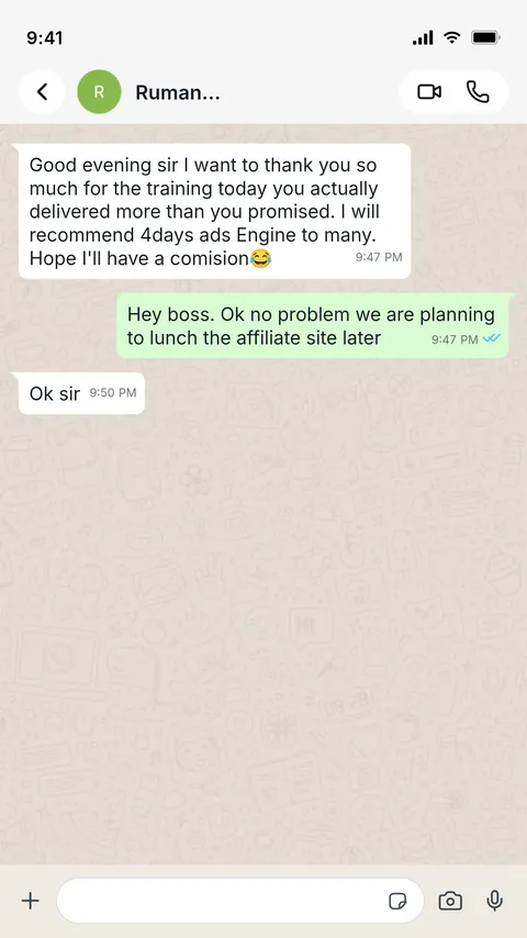 WhatsApp message from a student who says the training delivered more than promised and that they will recommend it.